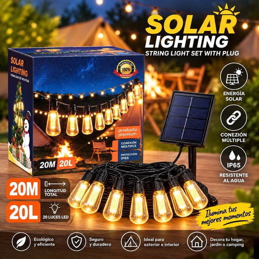 Combo terraza: guirnalda solar 20 m + 2 focos solares con sensor