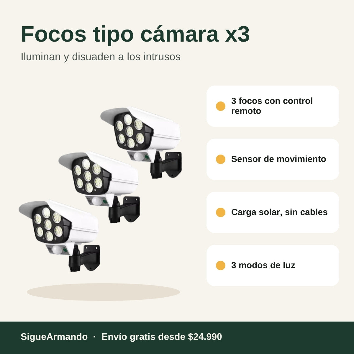 Pack 3 focos solares tipo cámara · características
