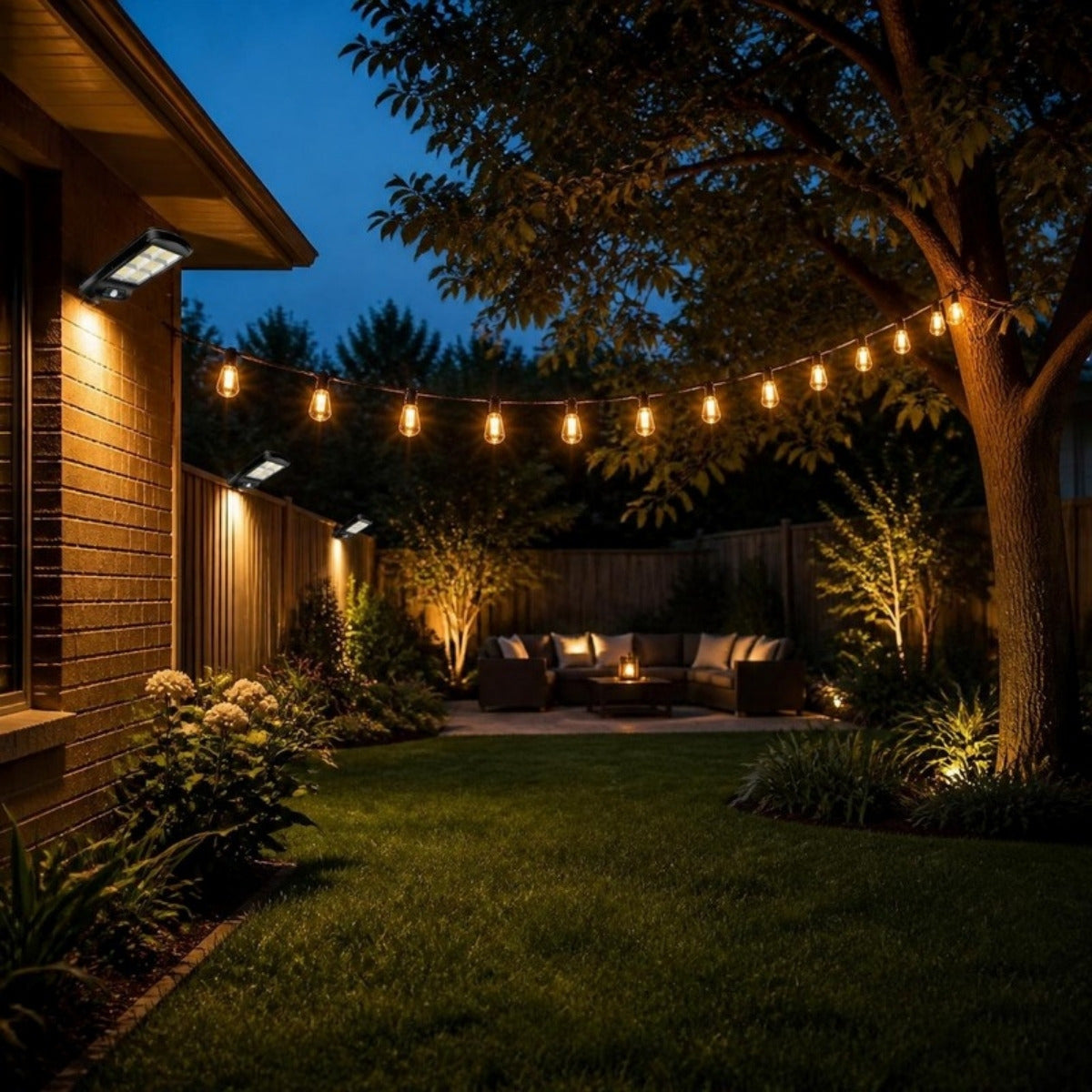 Combo patio: 3 focos solares con control + guirnalda solar 10 m – foto de ambiente 3 (imagen referencial)