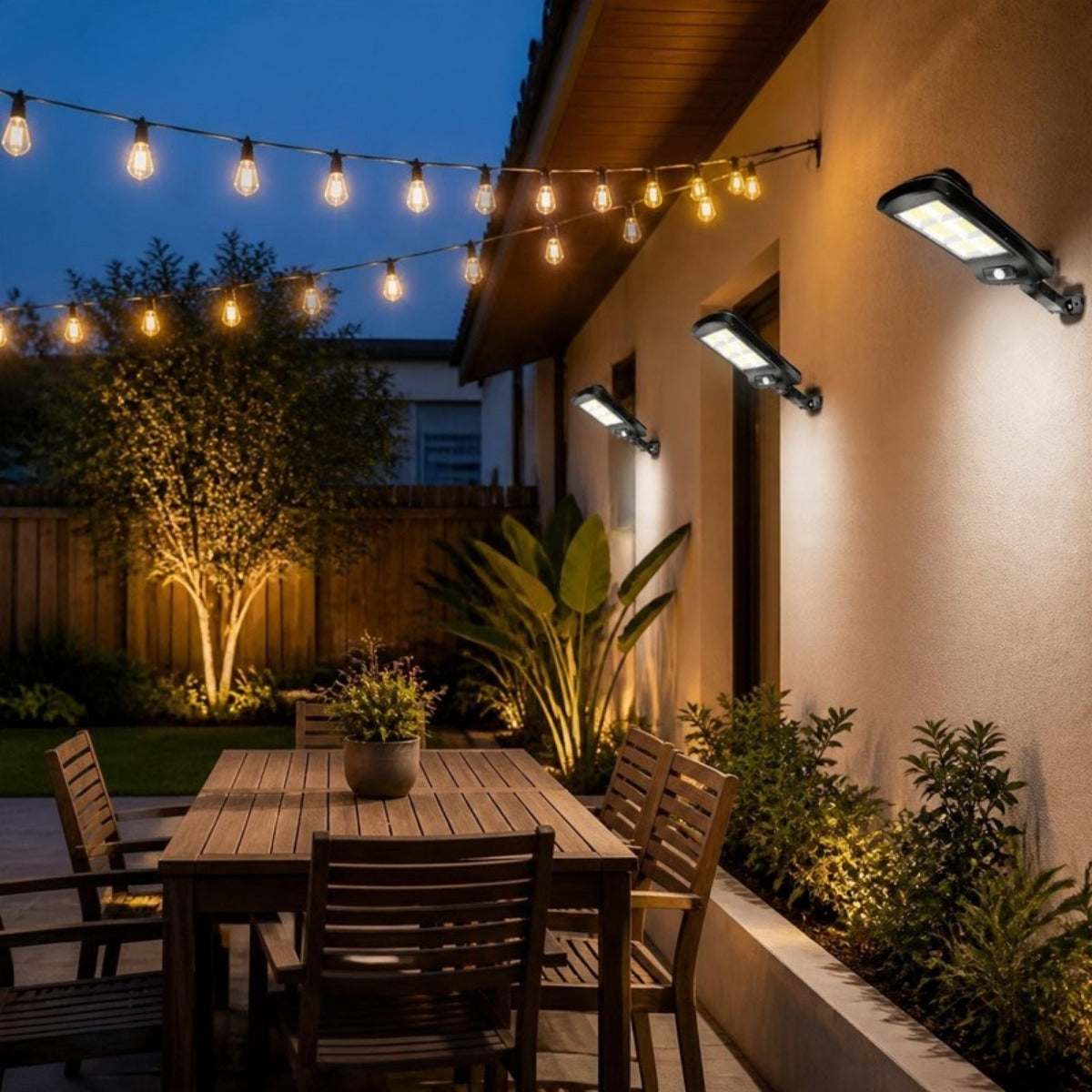 Combo patio: 3 focos solares con control + guirnalda solar 10 m – foto de ambiente (imagen referencial)