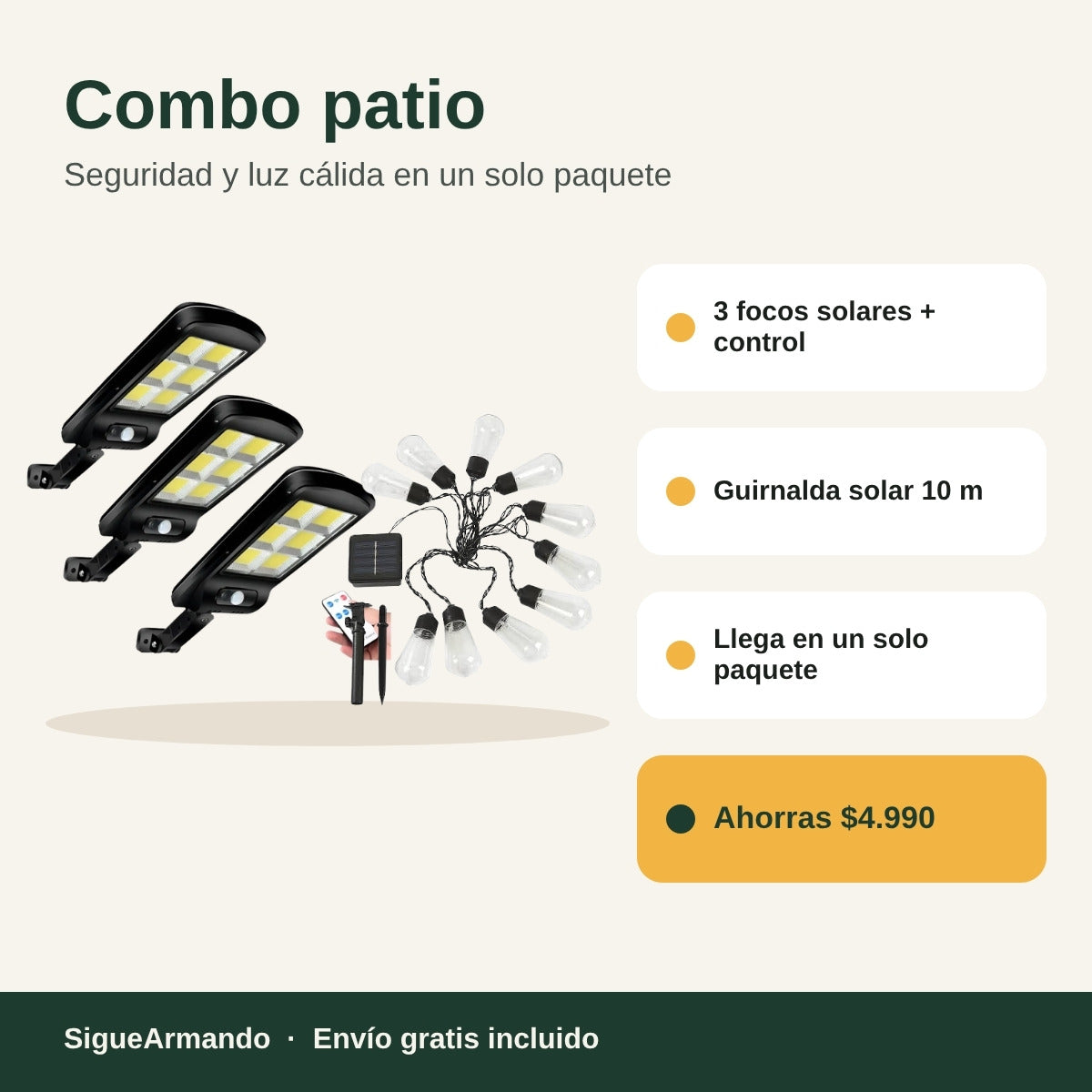 Combo patio: 3 focos solares con control + guirnalda solar 10 m – características
