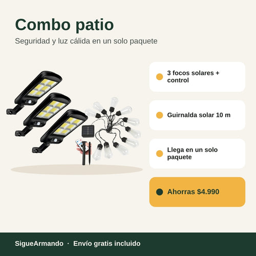 Combo patio: 3 focos solares con control + guirnalda solar 10 m – características