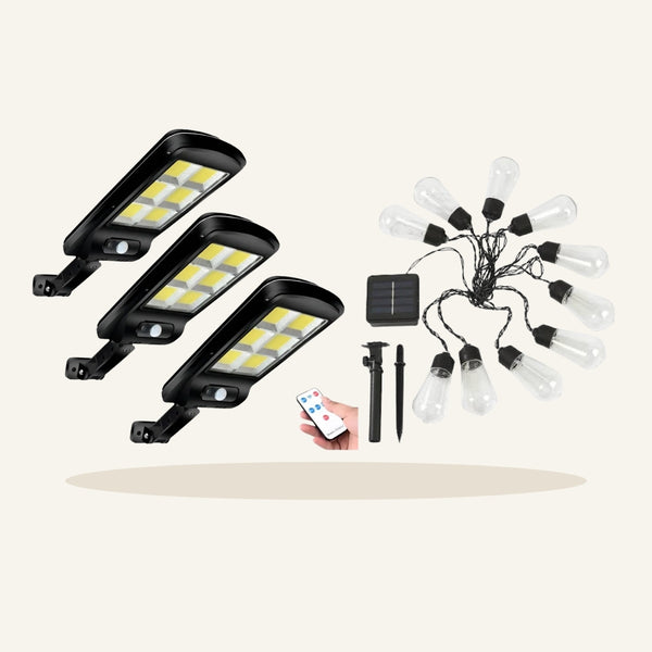 Combo patio: 3 focos solares con control + guirnalda solar 10 m