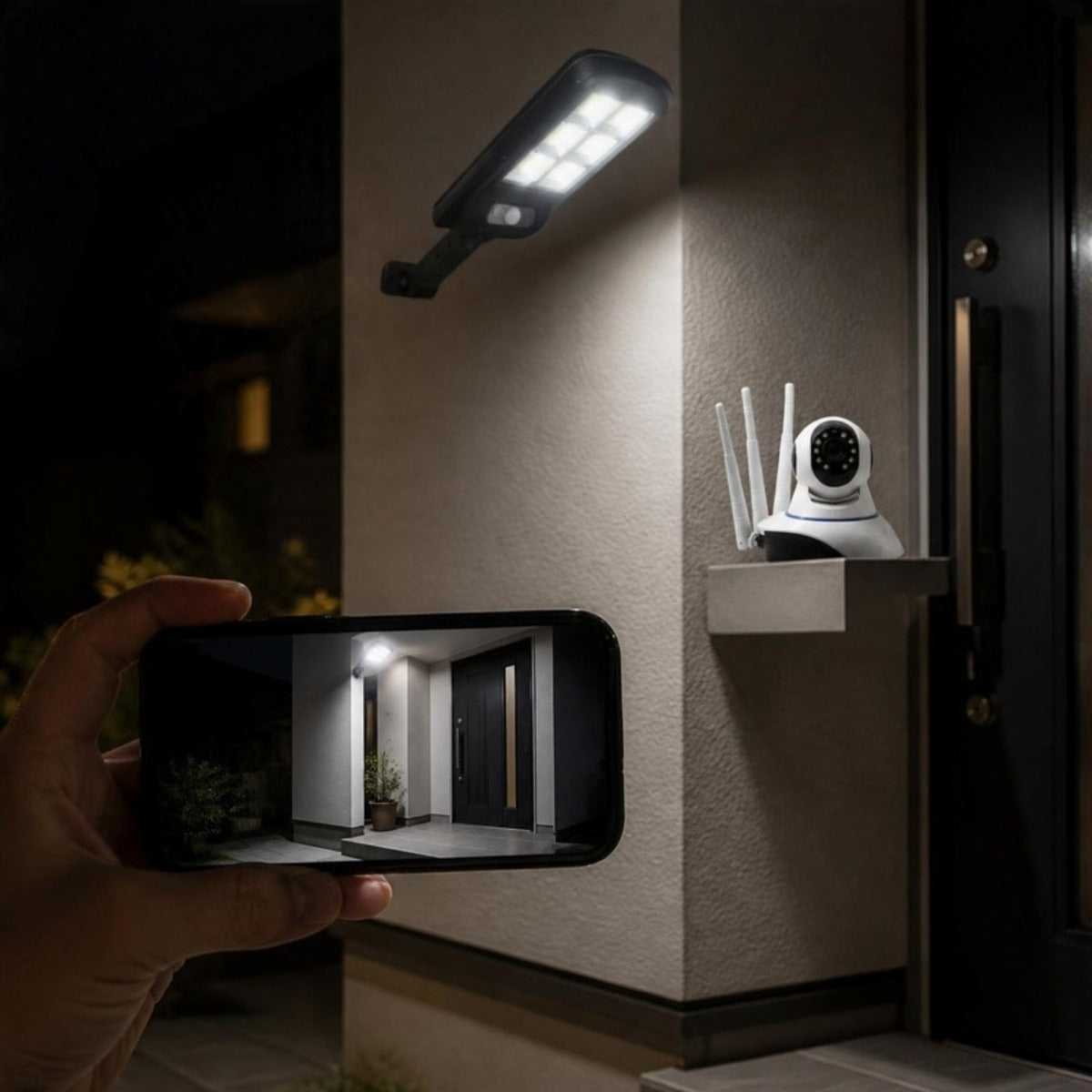 Combo seguridad: 3 focos solares con control + cámara wifi 360° – foto de ambiente 2 (imagen referencial)