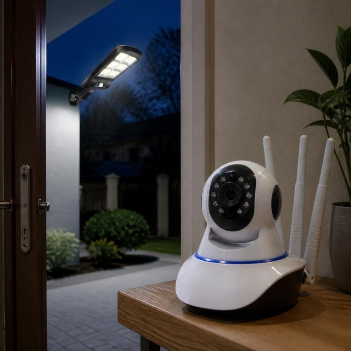 Combo seguridad: 3 focos solares con control + cámara wifi 360° – foto de ambiente 3 (imagen referencial)