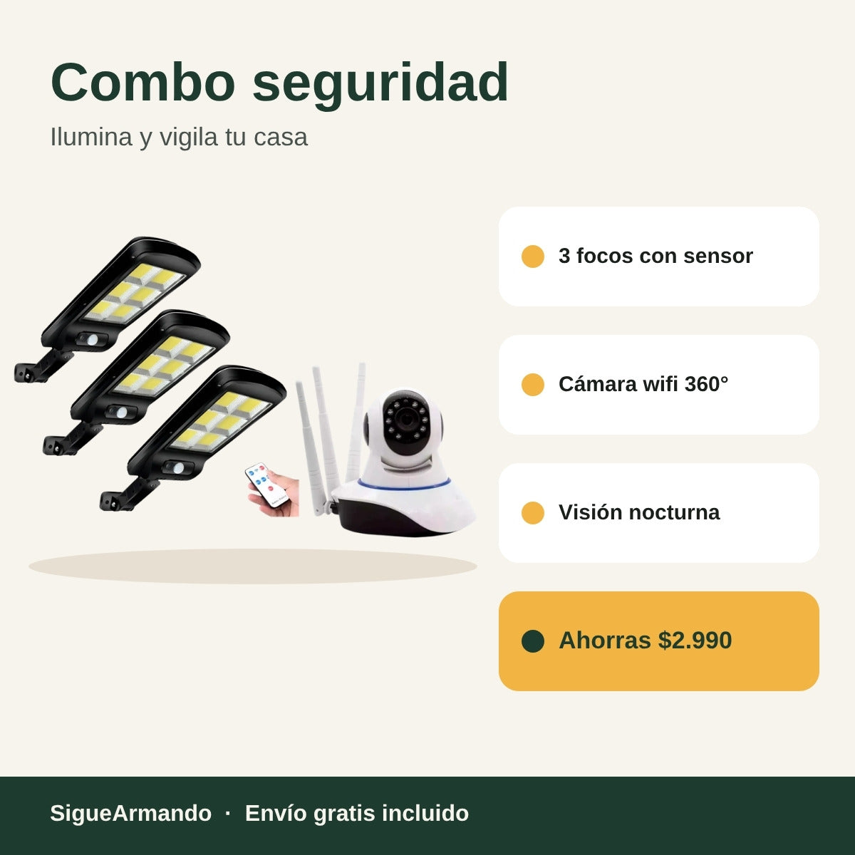 Combo seguridad: 3 focos solares con control + cámara wifi 360° – características