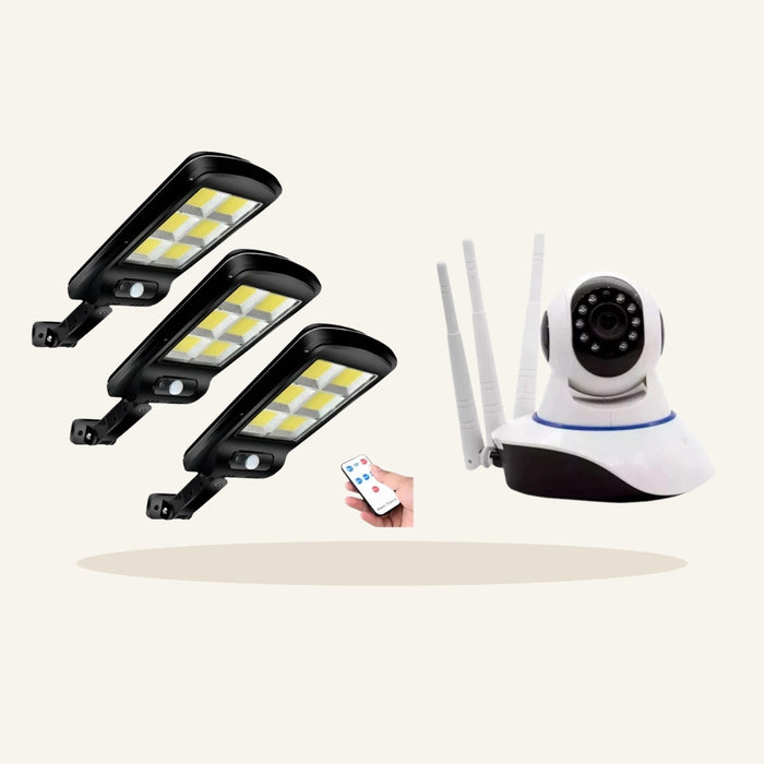 Combo seguridad: 3 focos solares con control + cámara wifi 360°