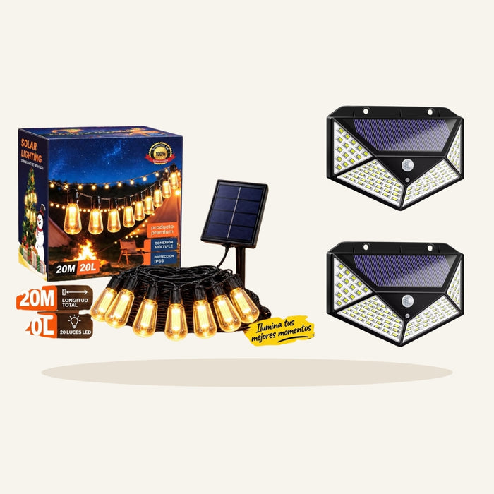 Combo terraza: guirnalda solar 20 m + 2 focos solares con sensor