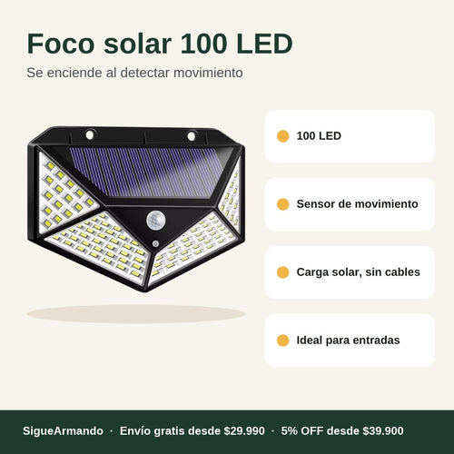 Foco solar 100 LED con sensor de movimiento – características