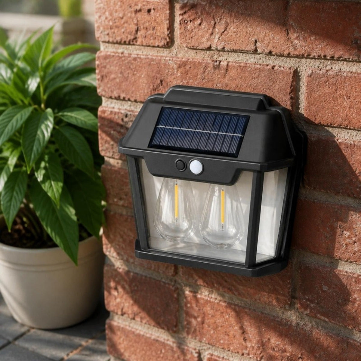Foco solar luz cálida, 2 ampolletas con sensor – foto de ambiente 3 (imagen referencial)