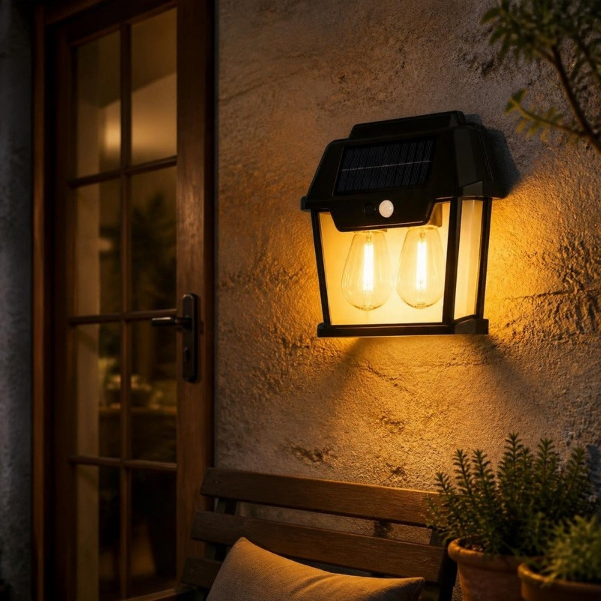 Foco solar luz cálida, 2 ampolletas con sensor – foto de ambiente (imagen referencial)