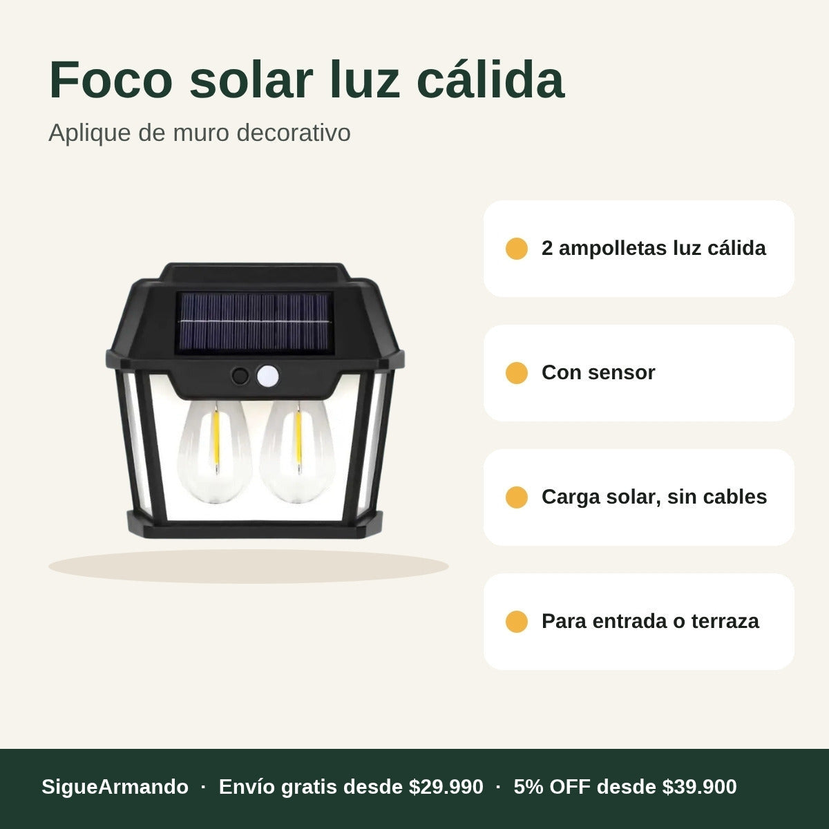 Foco solar luz cálida, 2 ampolletas con sensor – características