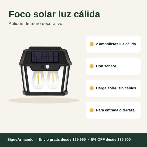 Foco solar luz cálida, 2 ampolletas con sensor – características