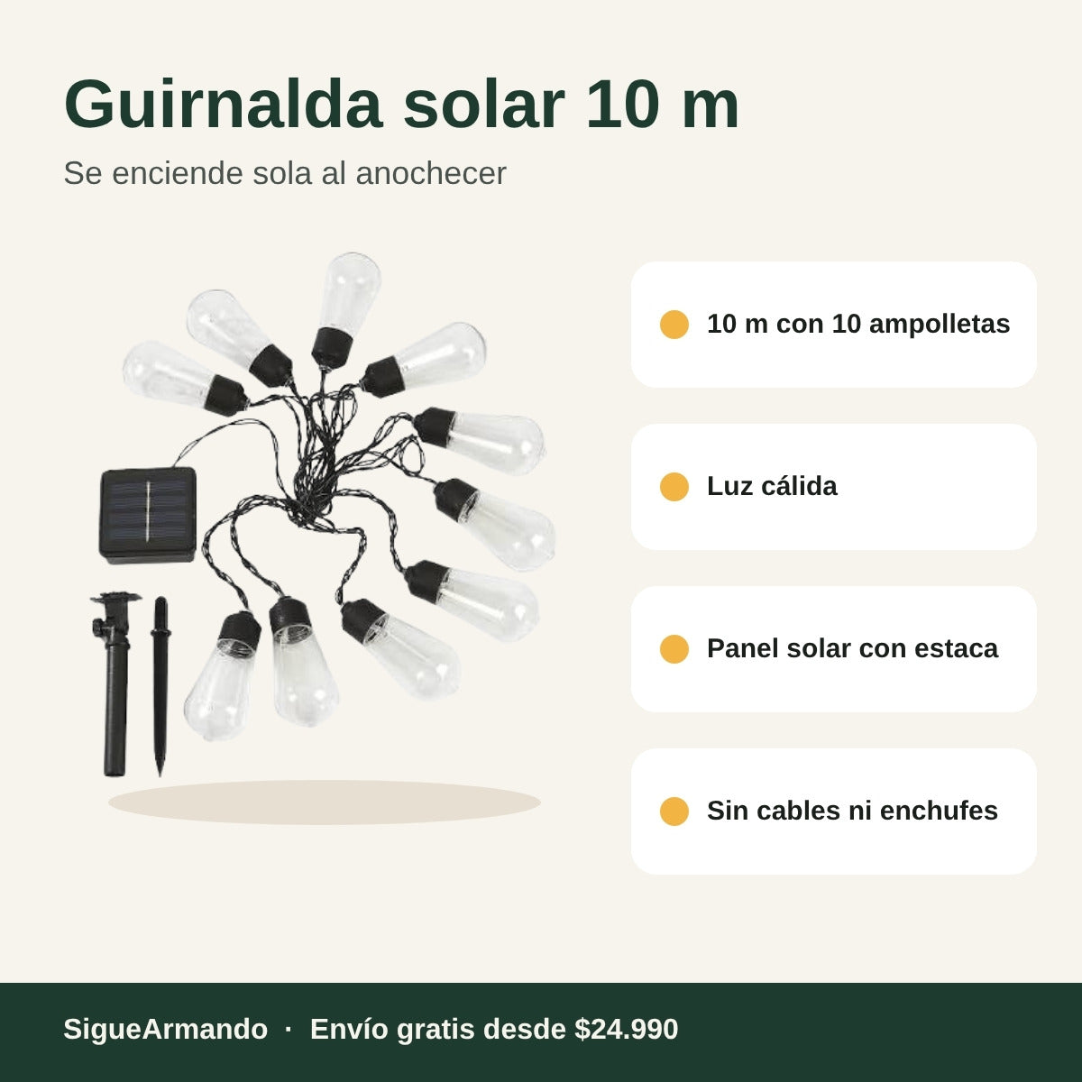 Guirnalda solar 10 m, 10 ampolletas – características