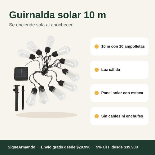 Guirnalda solar 10 m, 10 ampolletas – características
