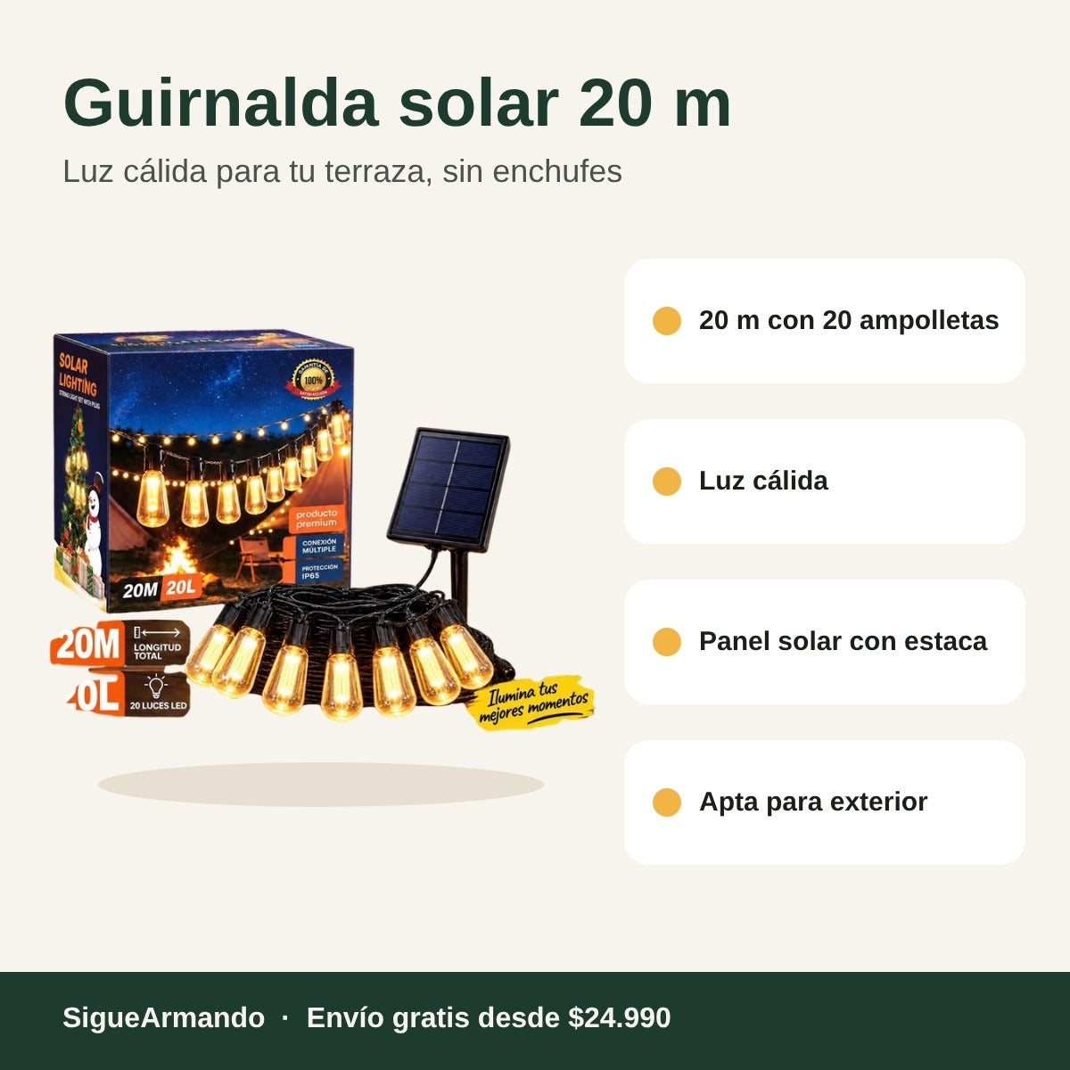Guirnalda solar 20 m, 20 ampolletas – características