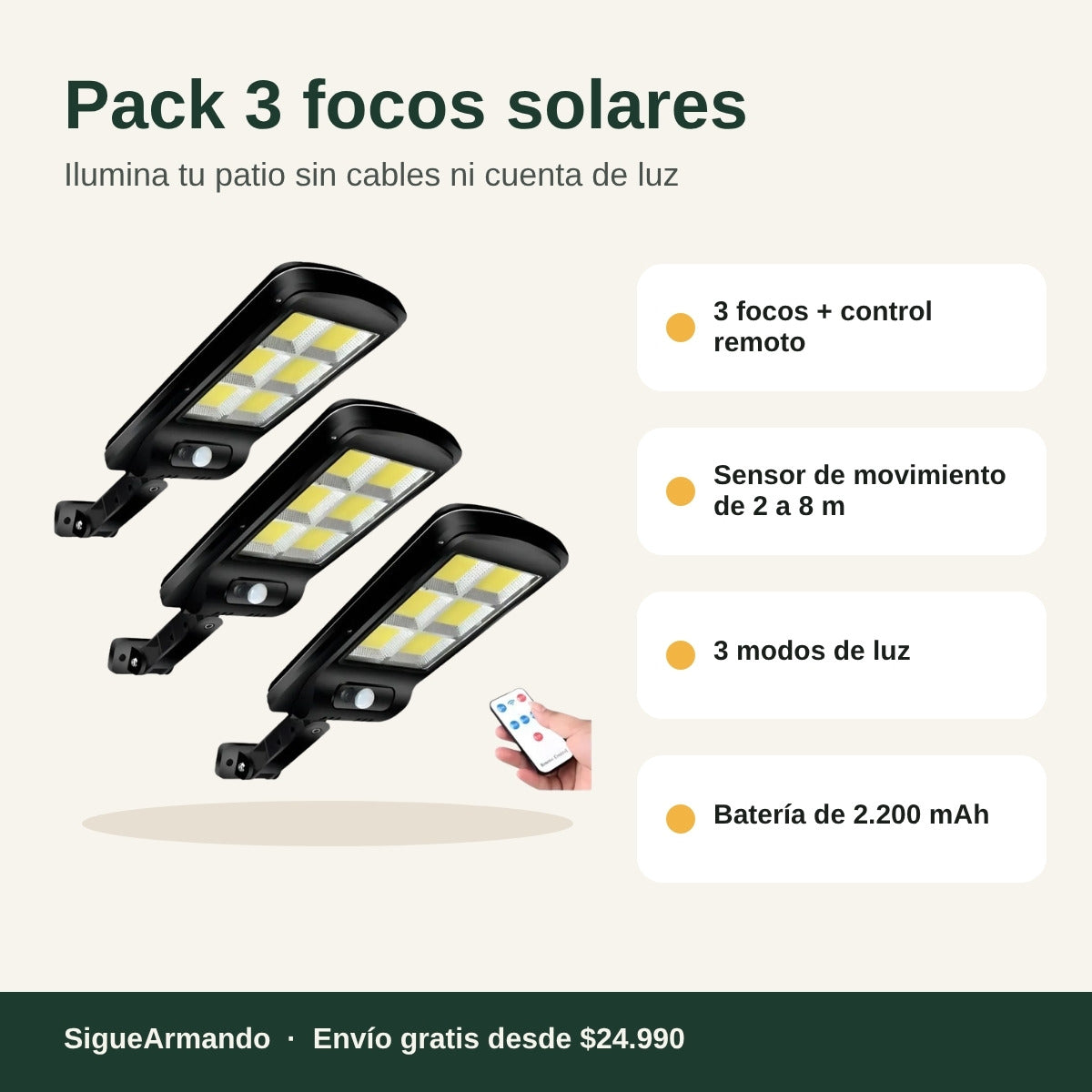 Pack 3 focos solares con control remoto – características